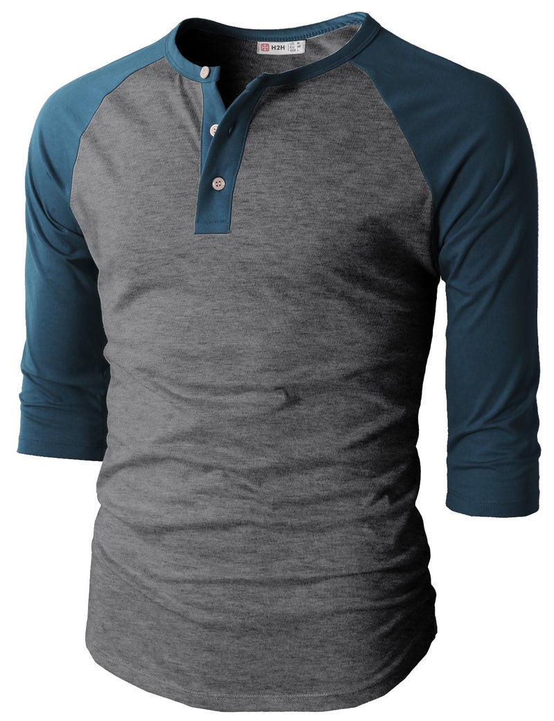 H2H Men's Slim Fit Casual Raglan 3/4 Sleeve Henley Baseball Jersey Knit T Shirt CHARCOALBLUE US L/Asia XL (CMTTS0174) - Image 2